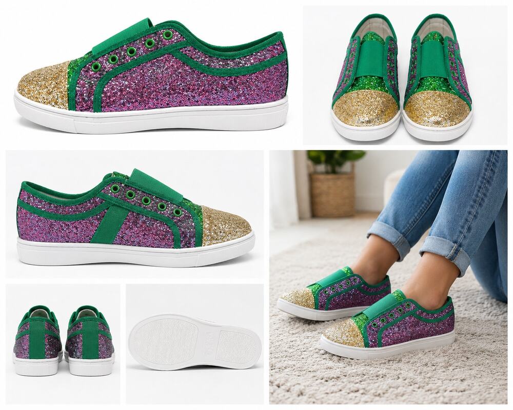 Glitter Slip-On Sneakers – Purple, Green & Gold Sparkle Shoes – Size 10